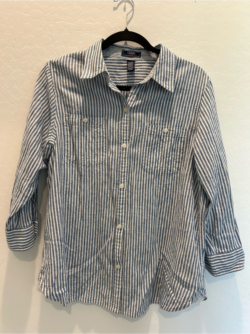 Chaps Blue & White Striped Casual Button-Down Shirt